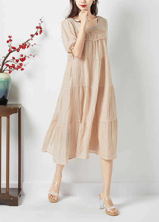 Simple Beige O-Neck Patchwork Wrinkled Linen Silk Long Dress Summer LY1081 - fabuloryshop