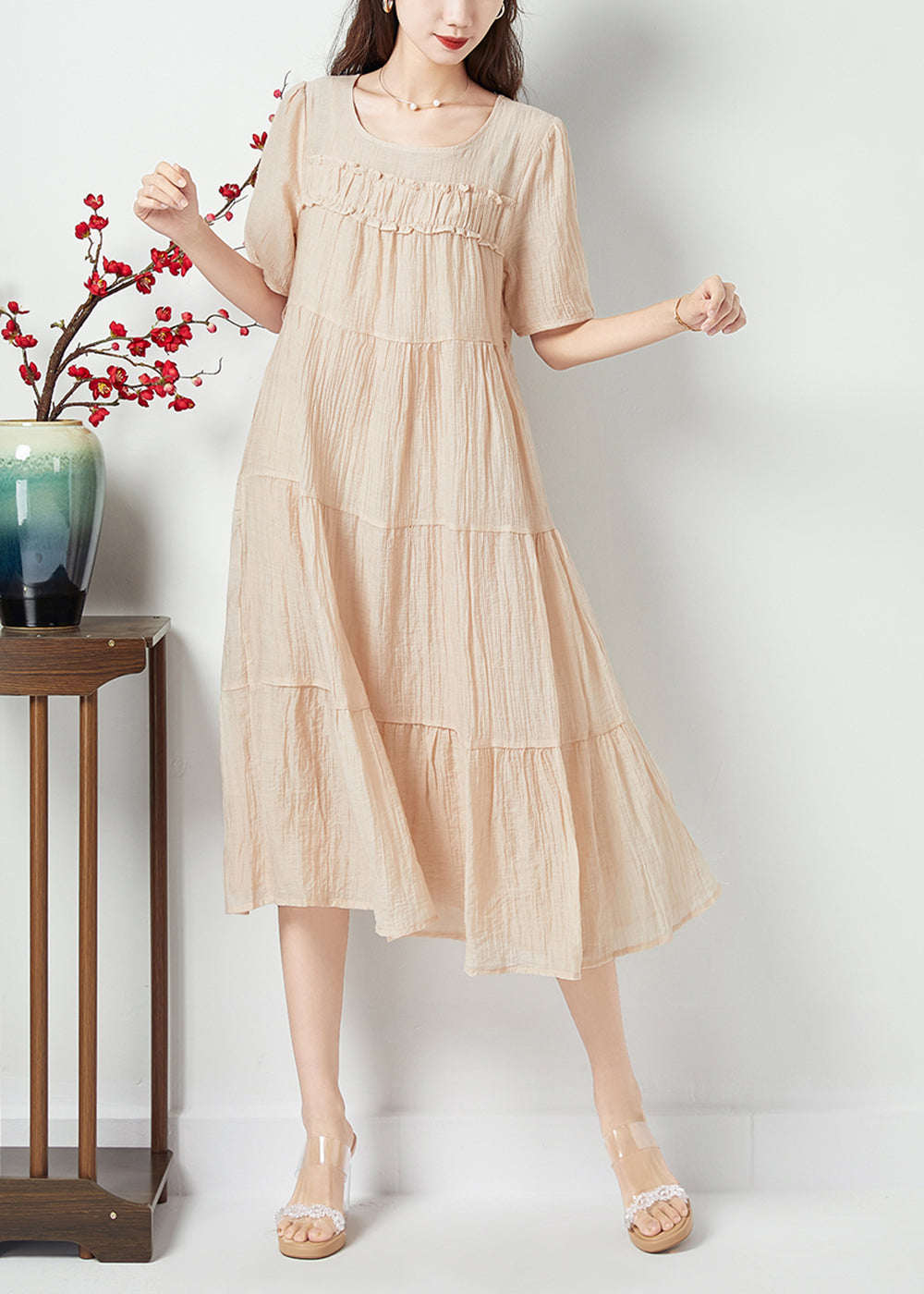 Simple Beige O-Neck Patchwork Wrinkled Linen Silk Long Dress Summer LY1081 - fabuloryshop
