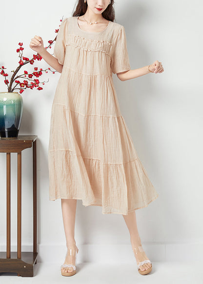 Simple Beige O-Neck Patchwork Wrinkled Linen Silk Long Dress Summer LC0425 - fabuloryshop