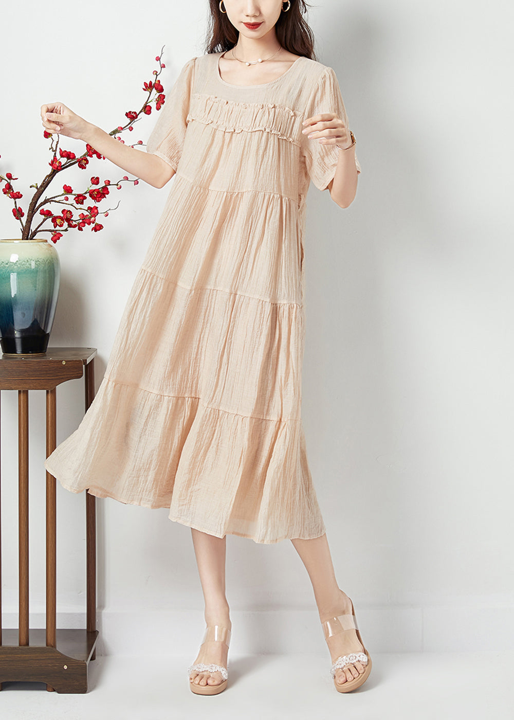 Simple Beige O-Neck Patchwork Wrinkled Linen Silk Long Dress Summer LY1081 - fabuloryshop