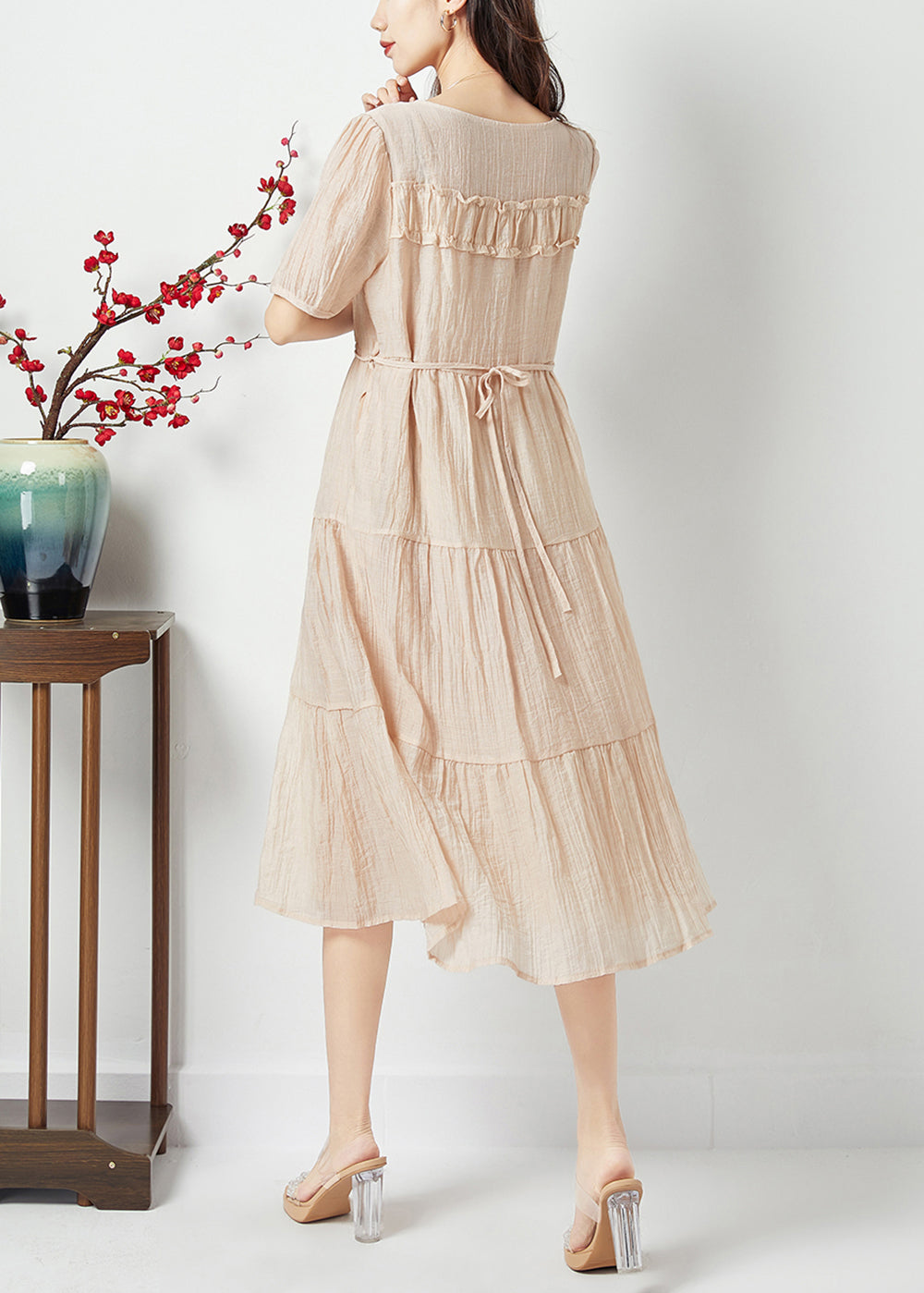 Simple Beige O-Neck Patchwork Wrinkled Linen Silk Long Dress Summer LY1081 - fabuloryshop