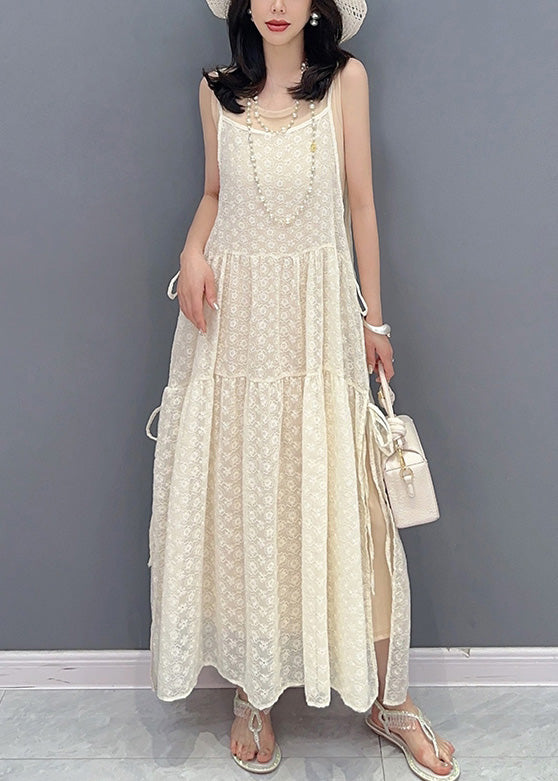 Simple Beige O-Neck Print Patchwork Chiffon Maxi Dresses Summer LY4364 - fabuloryshop