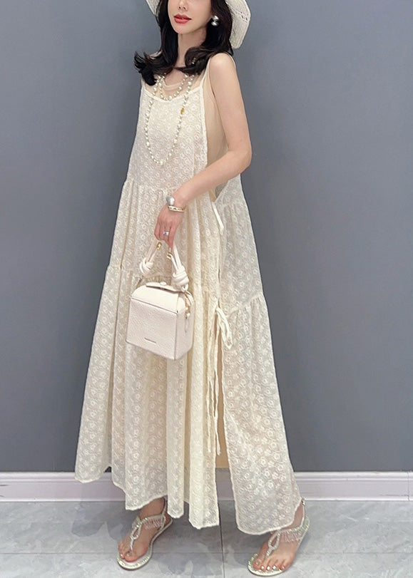 Simple Beige O-Neck Print Patchwork Chiffon Maxi Dresses Summer LY4364 - fabuloryshop