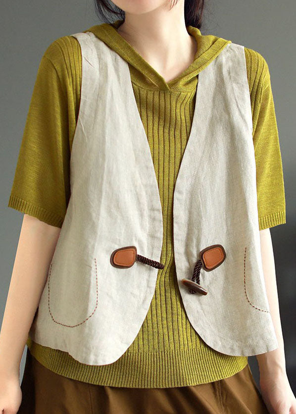 Simple Beige V Neck Button Patchwork Linen Vest Tops Sleeveless LY3977 - fabuloryshop