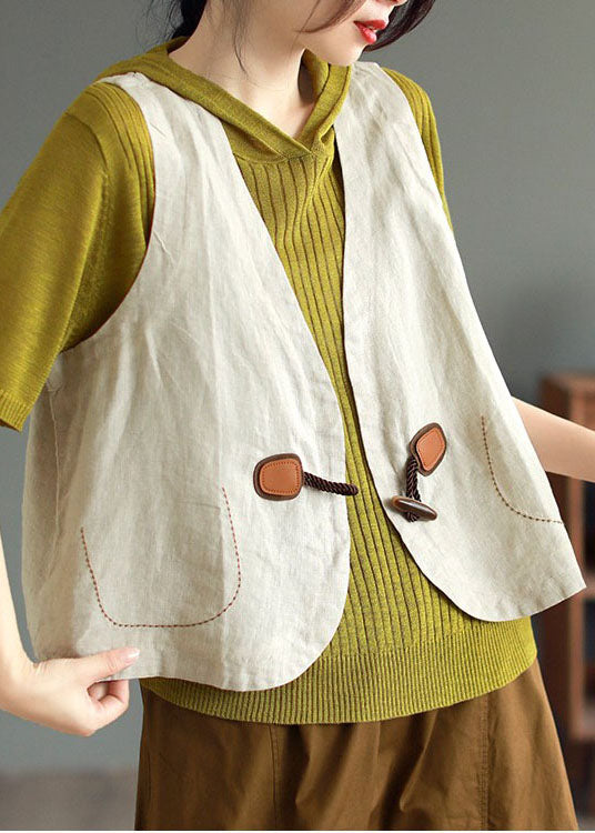 Simple Beige V Neck Button Patchwork Linen Vest Tops Sleeveless LY3977 - fabuloryshop