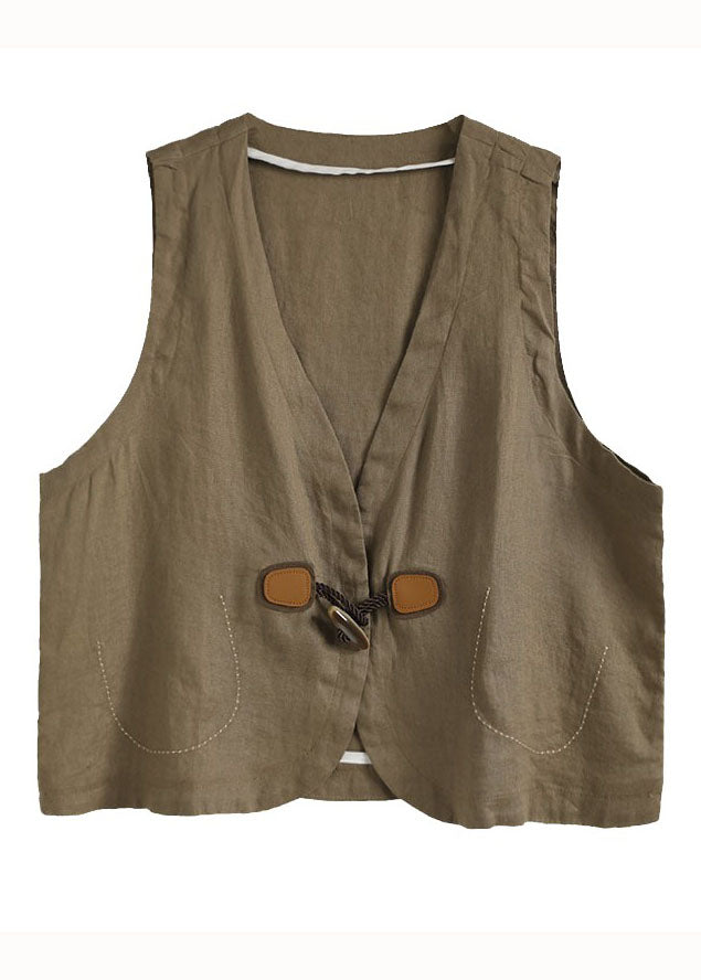 Simple Beige V Neck Button Patchwork Linen Vest Tops Sleeveless LY3977 - fabuloryshop