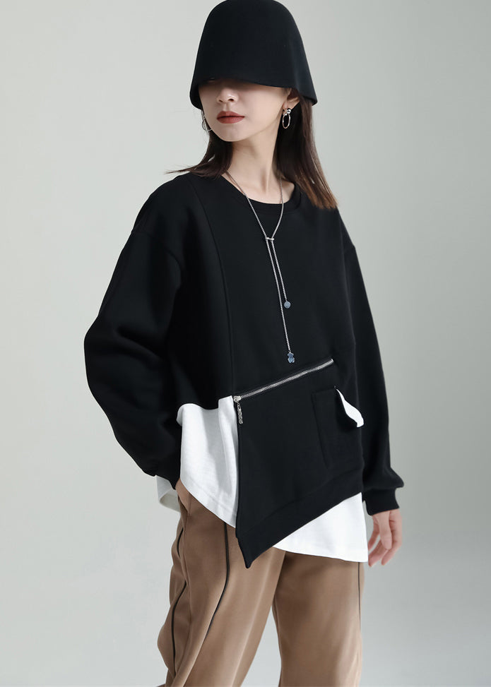 Simple Black Asymmetrical Zippered Patchwork Warm Fleece Top Winter Ada Fashion