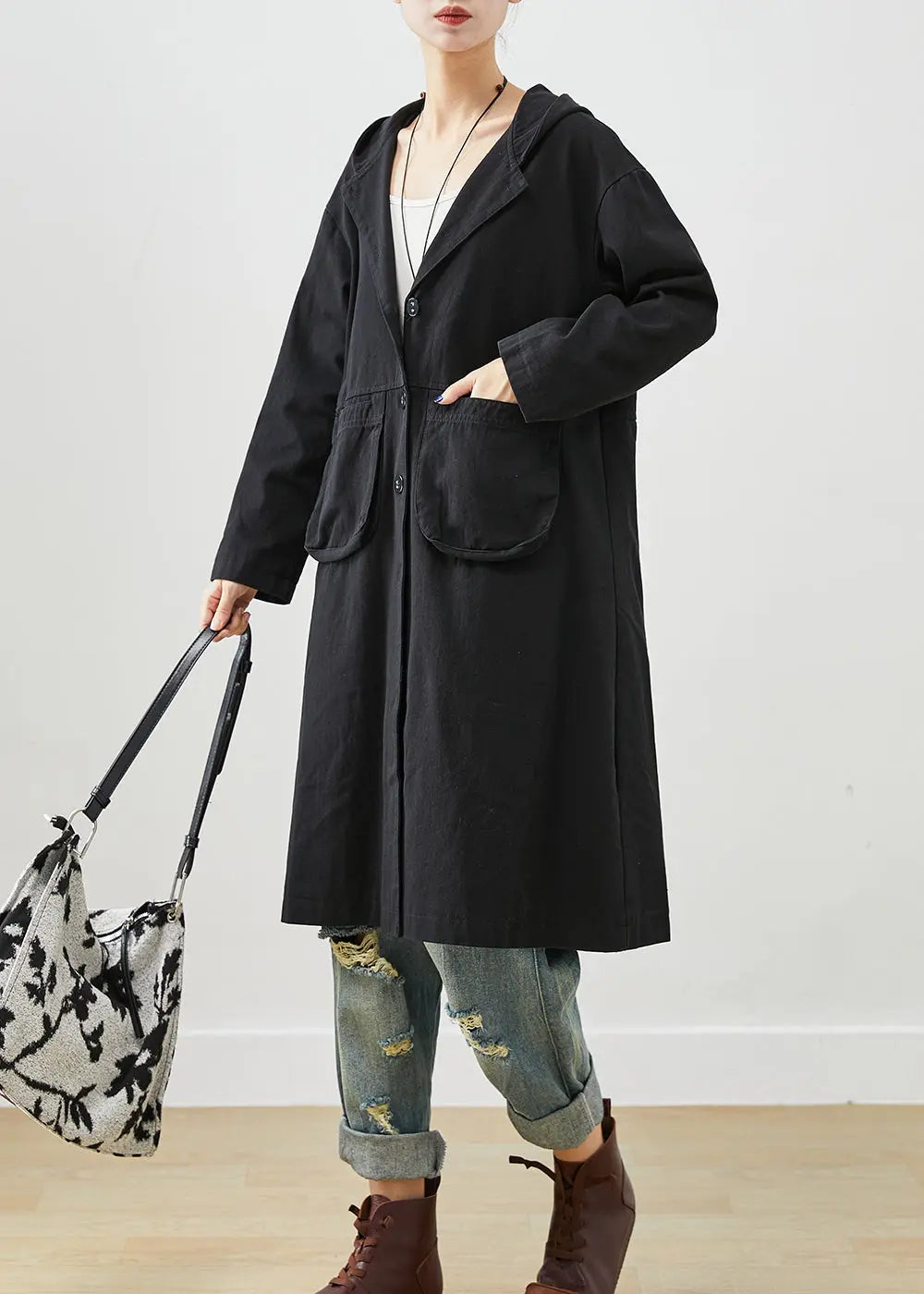 Simple Black Hooded Pockets Cotton Trench Fall Ada Fashion