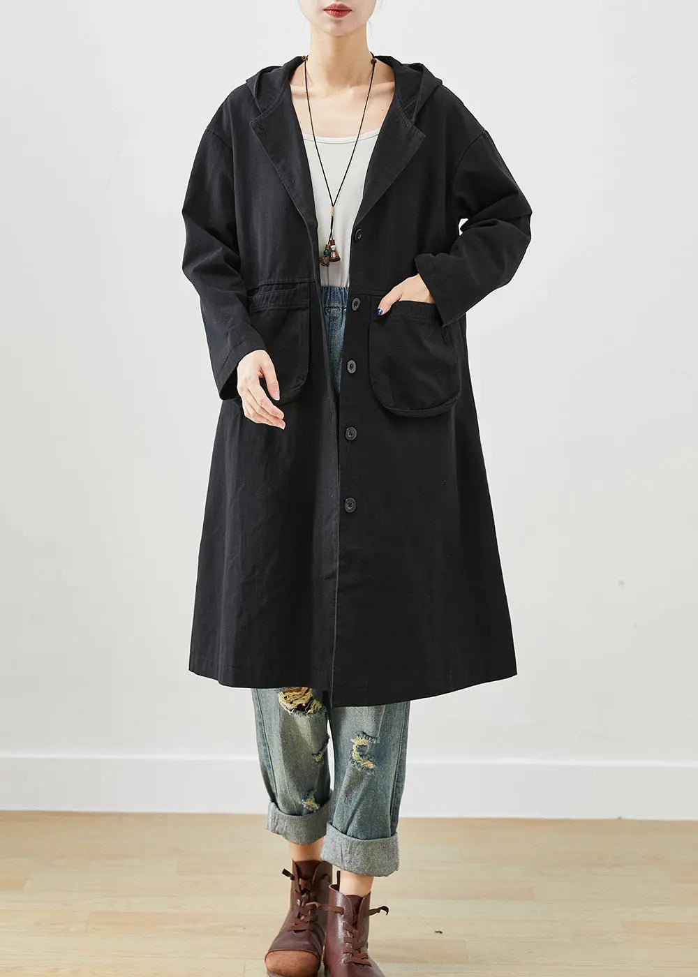 Simple Black Hooded Pockets Cotton Trench Fall Ada Fashion