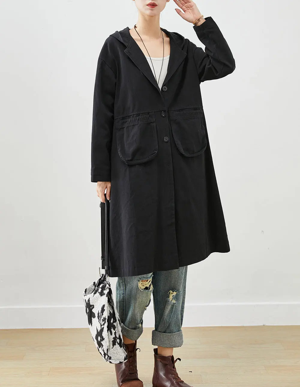 Simple Black Hooded Pockets Cotton Trench Fall Ada Fashion