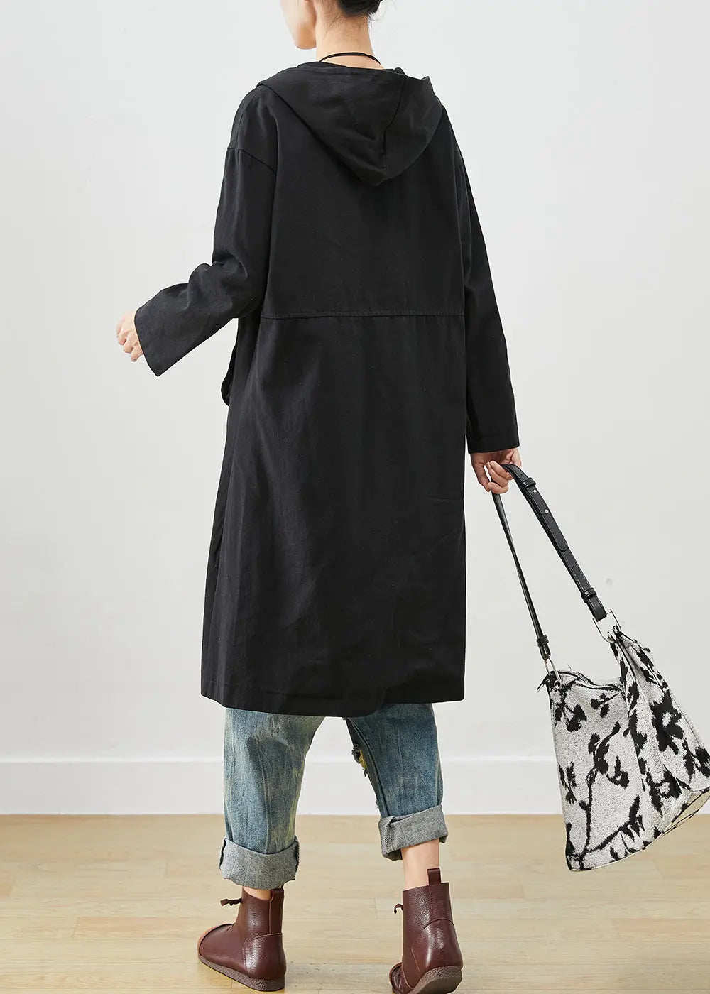 Simple Black Hooded Pockets Cotton Trench Fall Ada Fashion