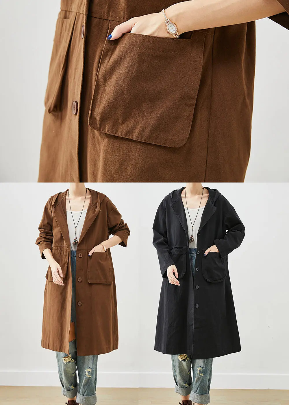 Simple Black Hooded Pockets Cotton Trench Fall Ada Fashion