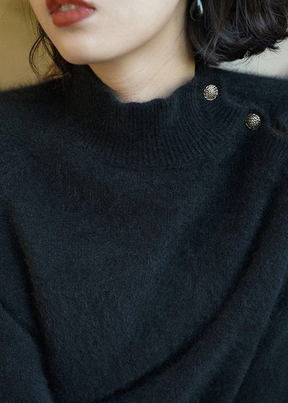 Simple Black O-Neck Button Knit Sweaters