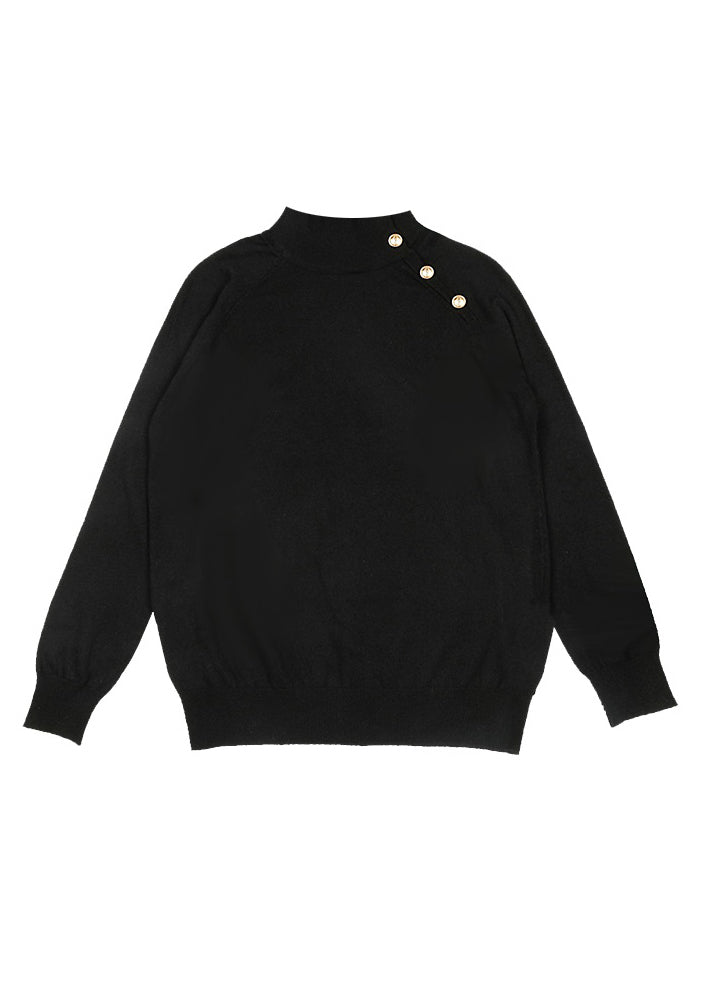 Simple Black O-Neck Button Knit Sweaters