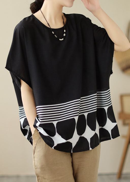 Simple Black O Neck Striped Print Patchwork Cotton T Shirt Top Summer LY3923 - fabuloryshop