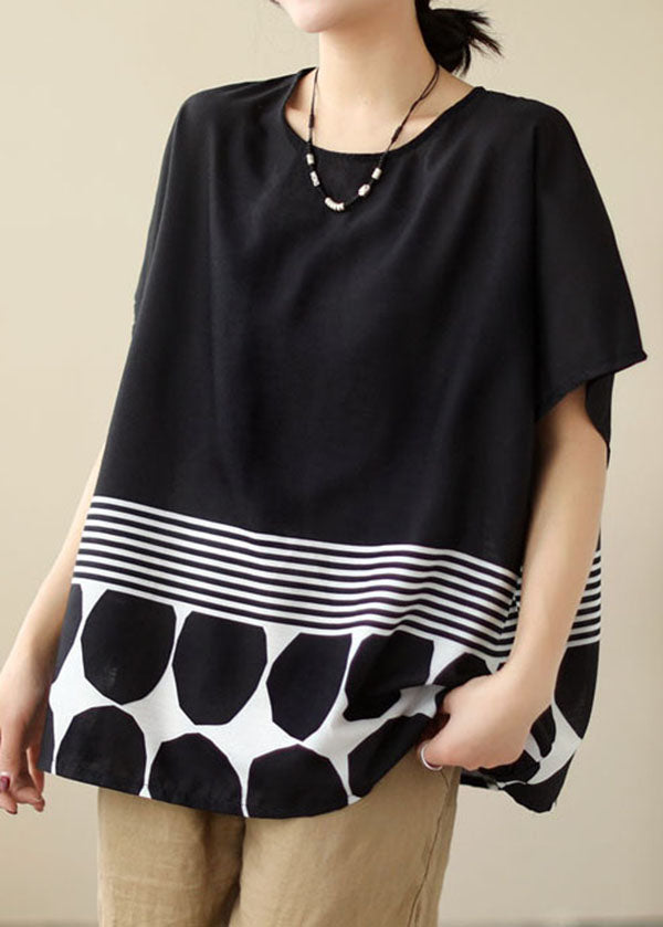 Simple Black O Neck Striped Print Patchwork Cotton T Shirt Top Summer LY3923 - fabuloryshop