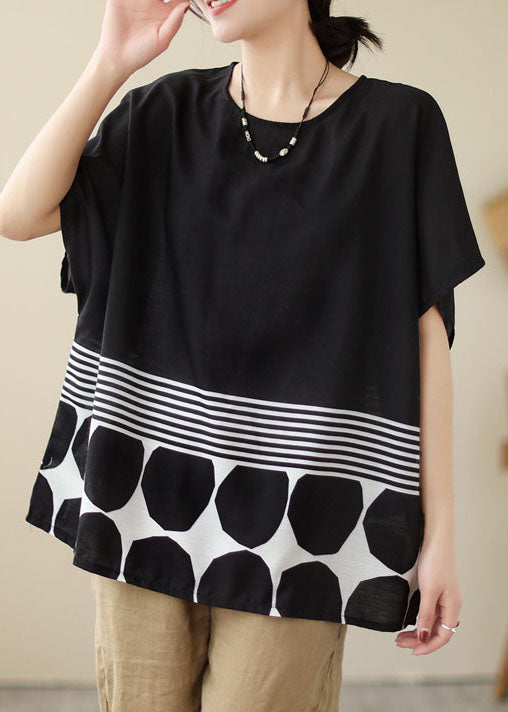 Simple Black O Neck Striped Print Patchwork Cotton T Shirt Top Summer LY3923 - fabuloryshop