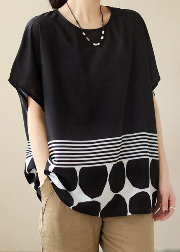 Simple Black O Neck Striped Print Patchwork Cotton T Shirt Top Summer LY3923 - fabuloryshop