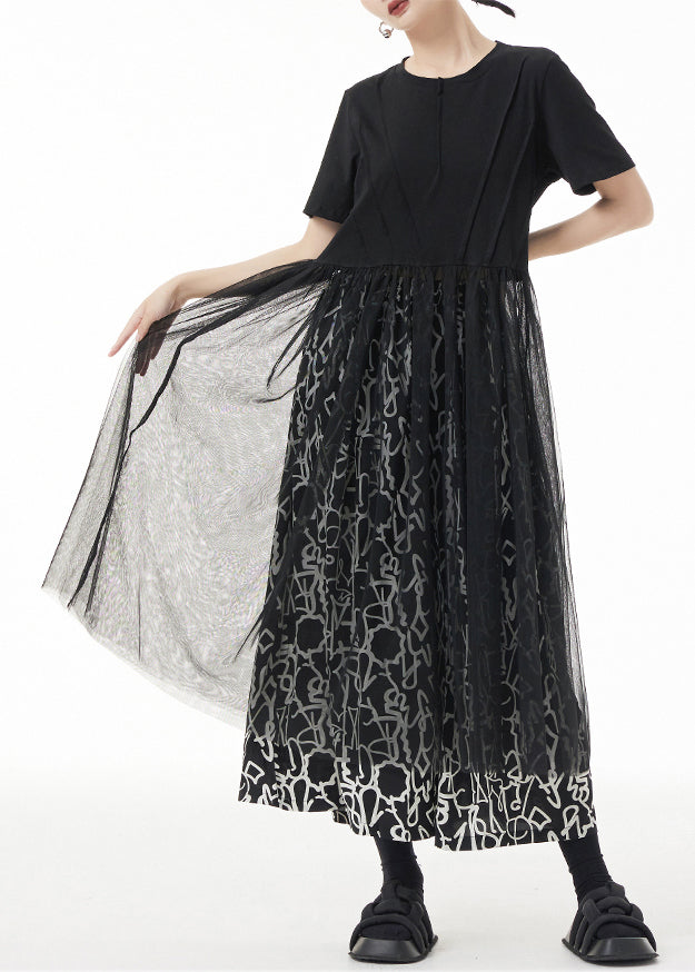 Simple Black O Neck Tulle Patchwork Dress Short Sleeve Ada Fashion