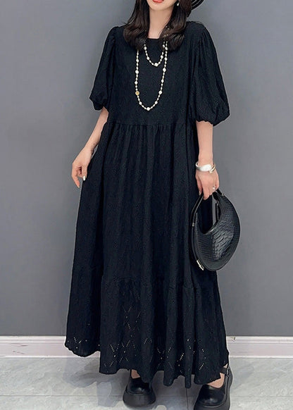 Simple Black O-Neck Wrinkled Elastic Waist Solid Long Dress Summer LY4356 - fabuloryshop