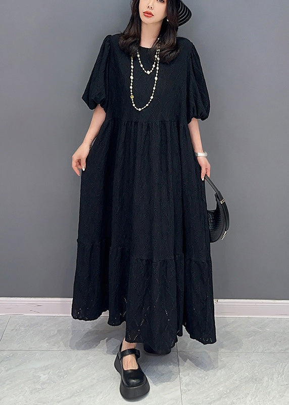 Simple Black O-Neck Wrinkled Elastic Waist Solid Long Dress Summer LY4356 - fabuloryshop