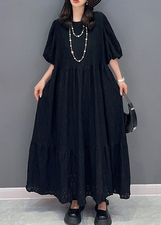 Simple Black O-Neck Wrinkled Elastic Waist Solid Long Dress Summer LY4356 - fabuloryshop