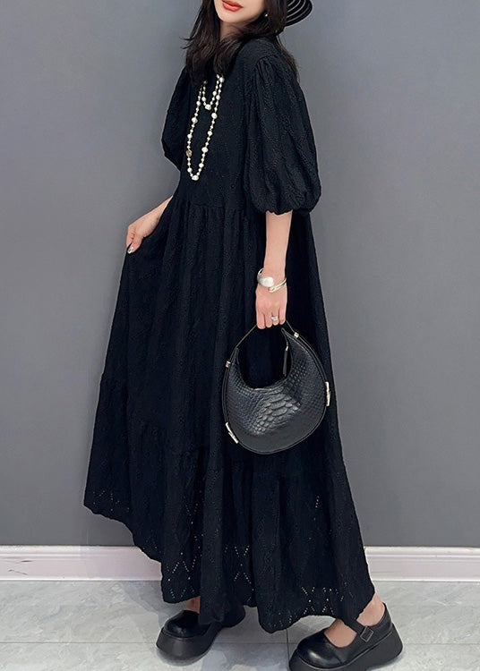 Simple Black O-Neck Wrinkled Elastic Waist Solid Long Dress Summer LY4356 - fabuloryshop