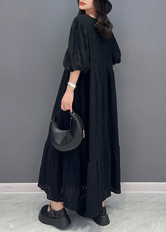 Simple Black O-Neck Wrinkled Elastic Waist Solid Long Dress Summer LY4356 - fabuloryshop