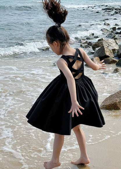 Simple Black O Neck Wrinkled Patchwork Cotton Baby Girls Dresses Sleeveless LY6421 - fabuloryshop