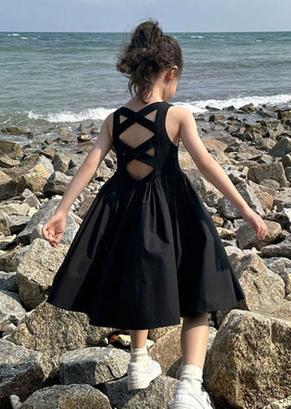 Simple Black O Neck Wrinkled Patchwork Cotton Baby Girls Dresses Sleeveless LY6421 - fabuloryshop