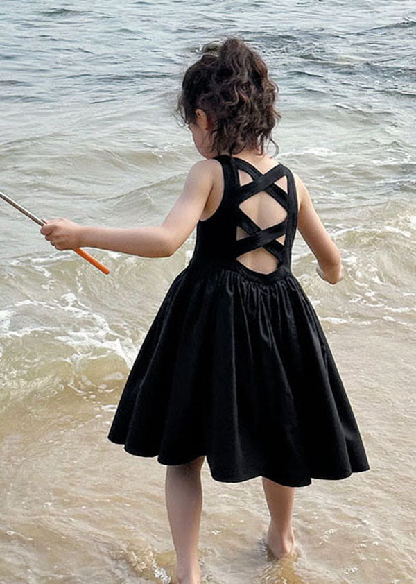 Simple Black O Neck Wrinkled Patchwork Cotton Baby Girls Dresses Sleeveless LY6421 - fabuloryshop