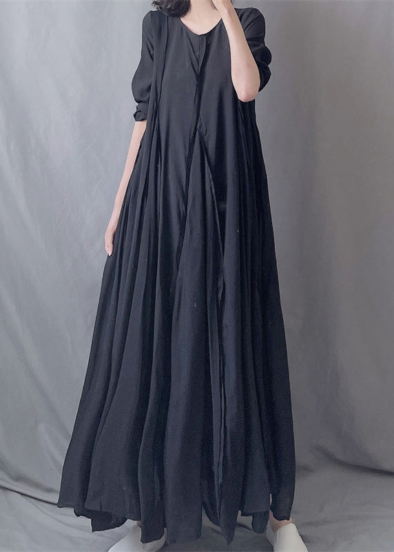 Simple Black O Neck Wrinkled Patchwork Cotton Exra Large Hem Long Dresses Fall Ada Fashion