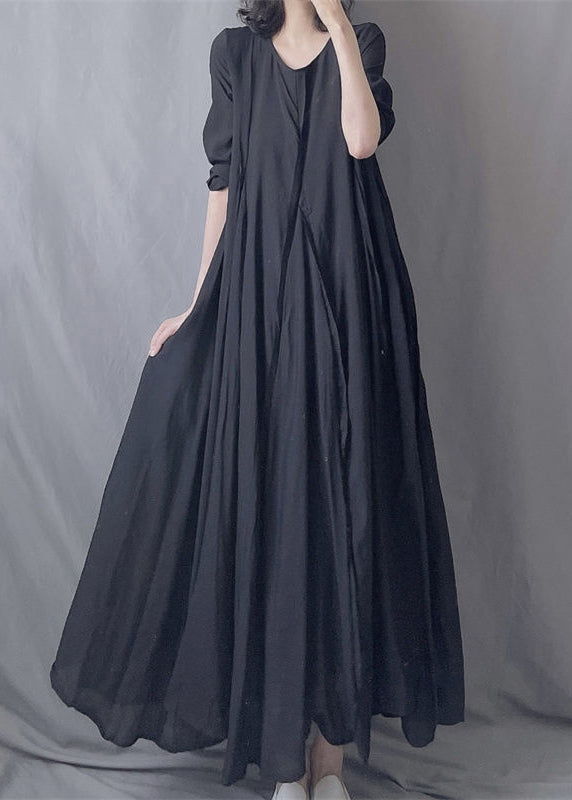 Simple Black O Neck Wrinkled Patchwork Cotton Exra Large Hem Long Dresses Fall Ada Fashion