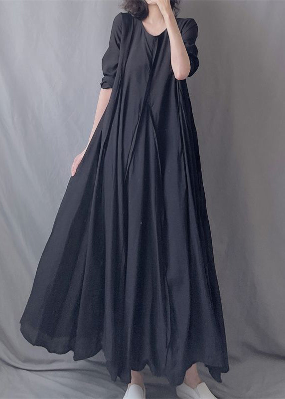 Simple Black O Neck Wrinkled Patchwork Cotton Exra Large Hem Long Dresses Fall Ada Fashion