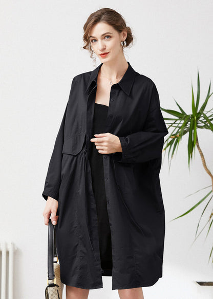 Simple Black Oversized Drawstring Pockets Cotton Trench Spring LY0278 - fabuloryshop