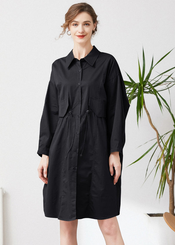 Simple Black Oversized Drawstring Pockets Cotton Trench Spring LY0278 - fabuloryshop