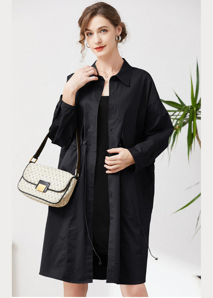 Simple Black Oversized Drawstring Pockets Cotton Trench Spring LY0278 - fabuloryshop