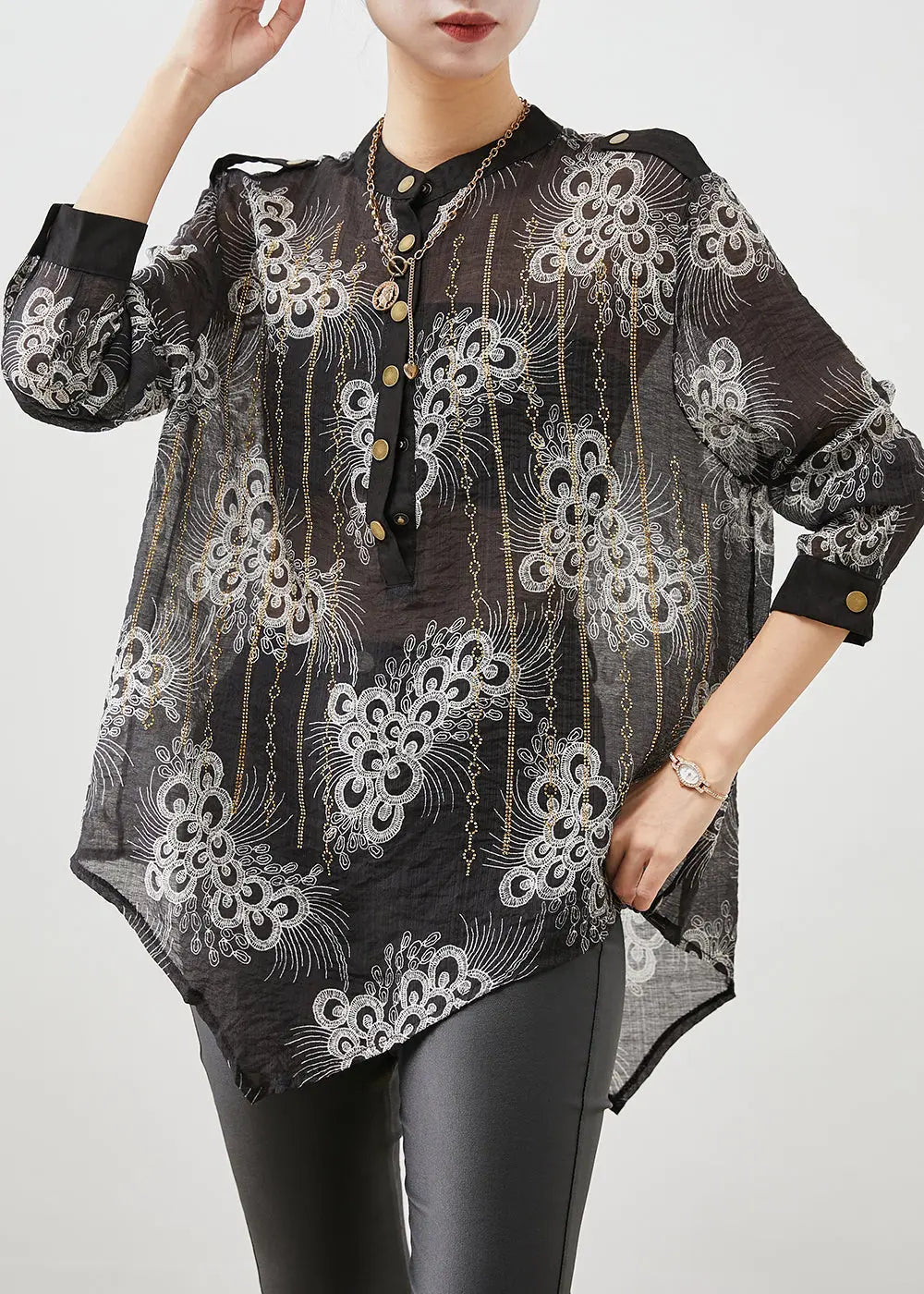 Simple Black Oversized Print Cotton Shirt Fall Ada Fashion