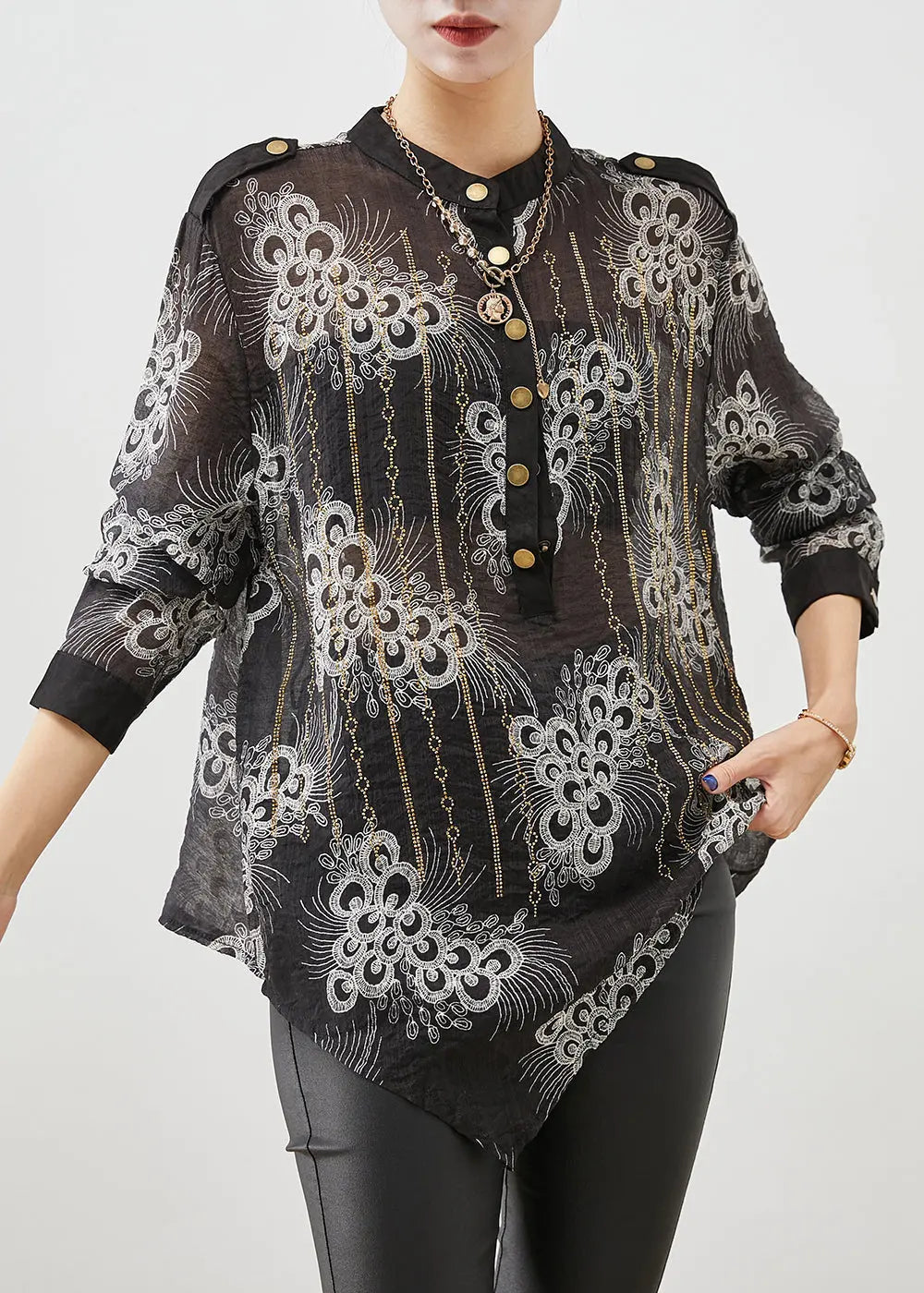 Simple Black Oversized Print Cotton Shirt Fall Ada Fashion