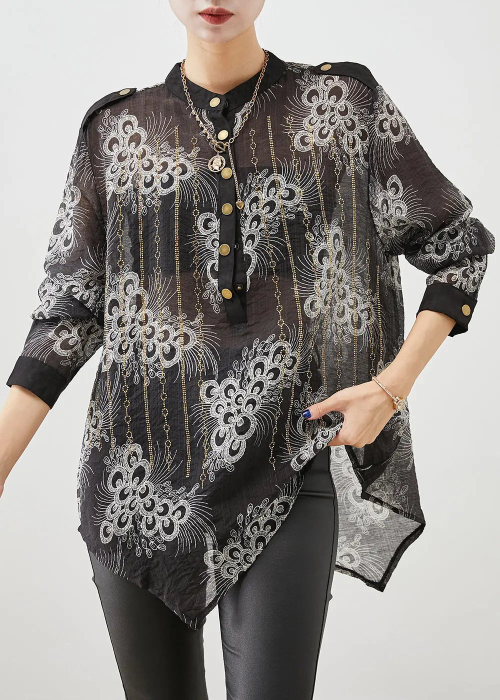 Simple Black Oversized Print Cotton Shirt Fall Ada Fashion