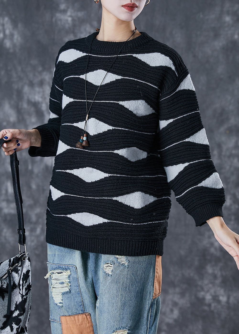 Simple Black Oversized Print Knit Sweaters Winter Ada Fashion