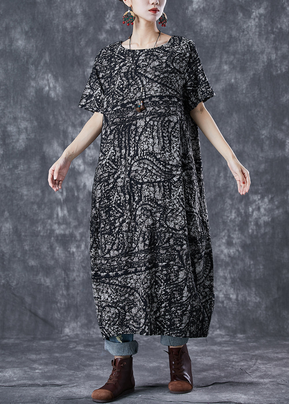 Simple Black Oversized Print Linen Robe Dresses Summer Ada Fashion
