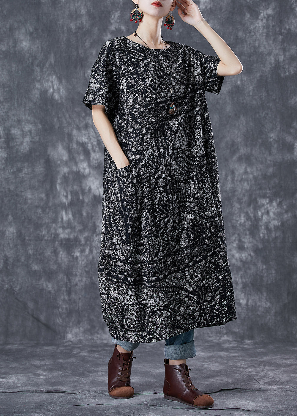 Simple Black Oversized Print Linen Robe Dresses Summer Ada Fashion