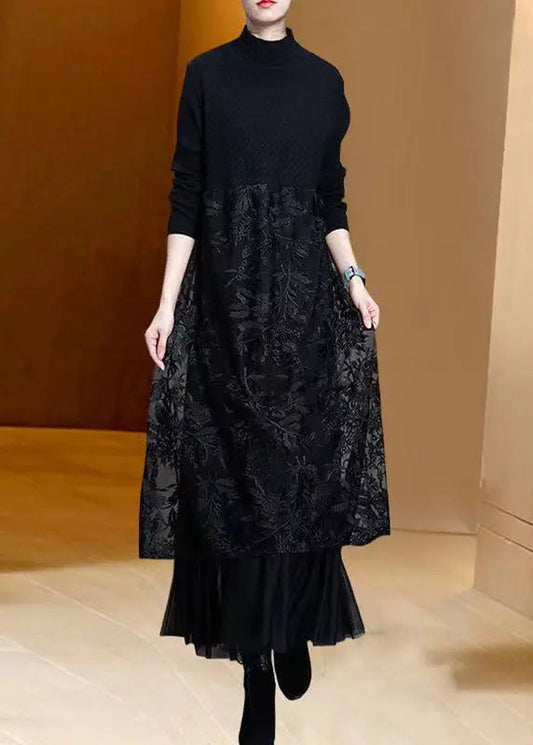 Simple Black Peter Pan Collar Lace Patchwork Woolen Knit Dress Fall Ada Fashion