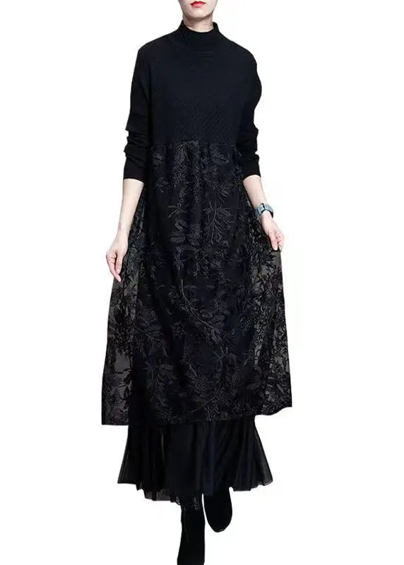 Simple Black Peter Pan Collar Lace Patchwork Woolen Knit Dress Fall Ada Fashion