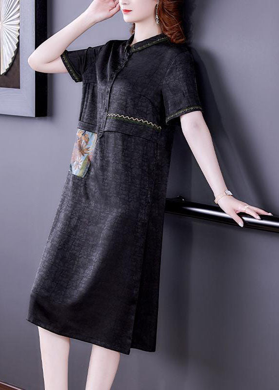 Simple Black Peter Pan Collar Patchwork Button Silk Dress Summer LY2241 - fabuloryshop