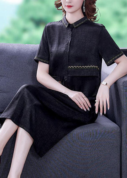 Simple Black Peter Pan Collar Patchwork Button Silk Dress Summer LY2241 - fabuloryshop