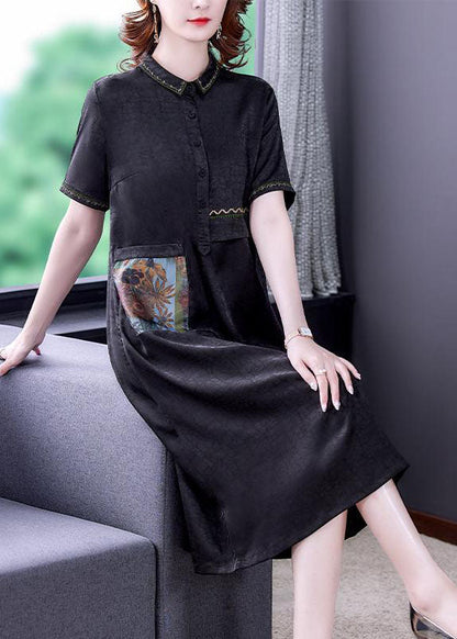 Simple Black Peter Pan Collar Patchwork Button Silk Dress Summer LY2241 - fabuloryshop