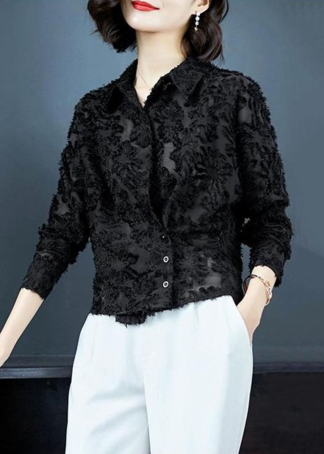 Simple Black Peter Pan Collar Patchwork Lace Shirt Top Spring TP1060