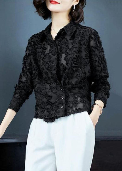 Simple Black Peter Pan Collar Patchwork Lace Shirt Top Spring LY6923 Ada Fashion